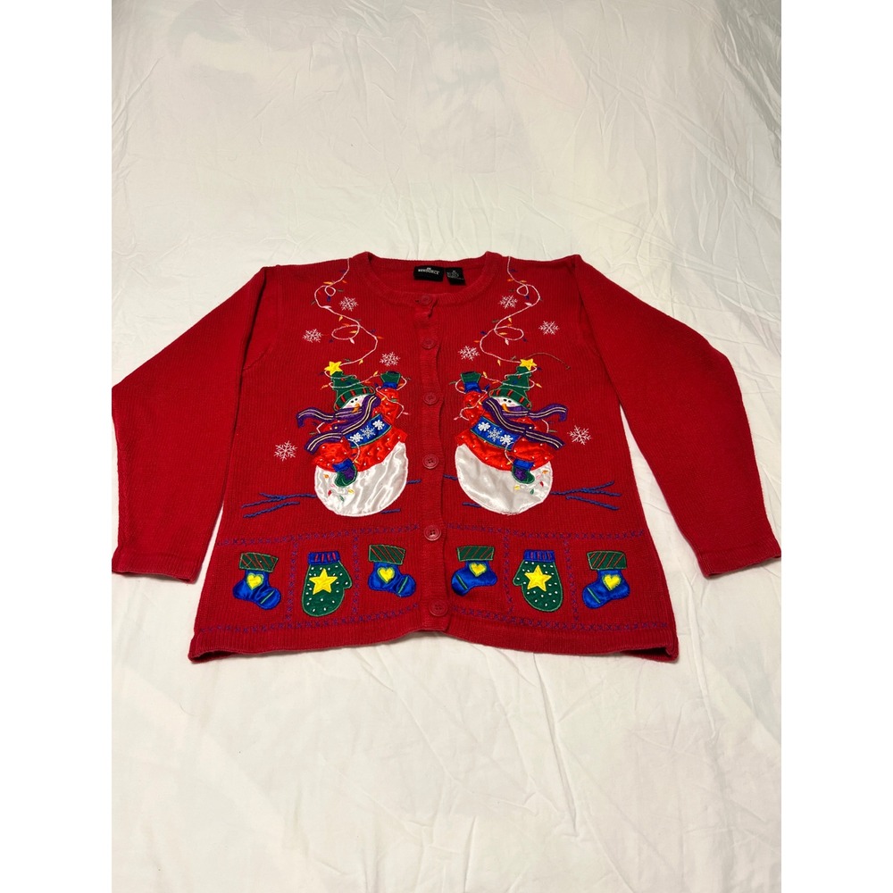 In Resource Womens Red Snowman Embroidered Holiday Cardigan Sweater Medium